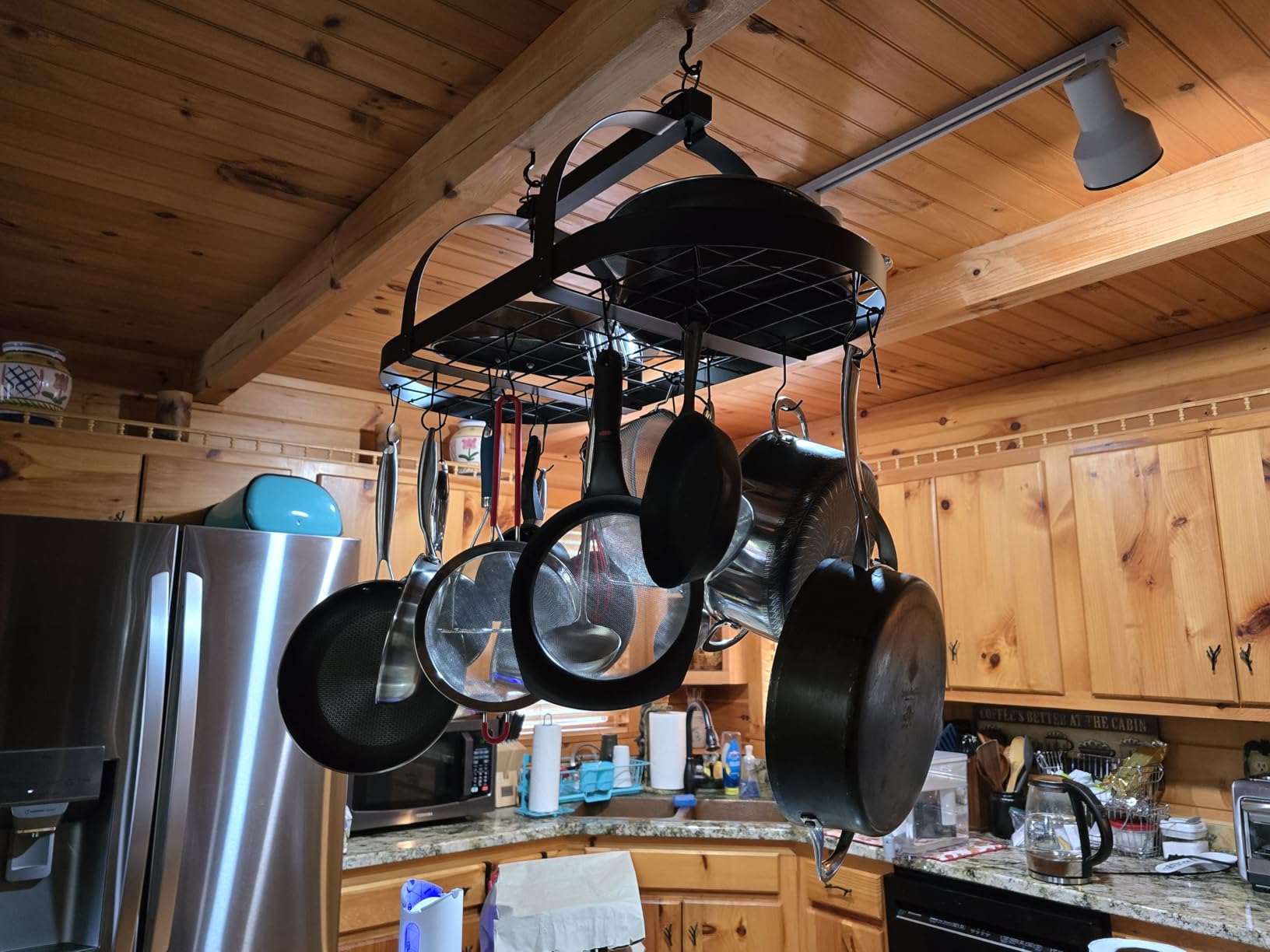KES Gold 34 Inch Hanging Pot Rack, 100 LBS Capacity Heavy Duty Oval Pot and Pan Hanging Rack Ceiling Mount, Pot Pan Hangers Organizer for Kitchen Island with 20 Hooks (For 16