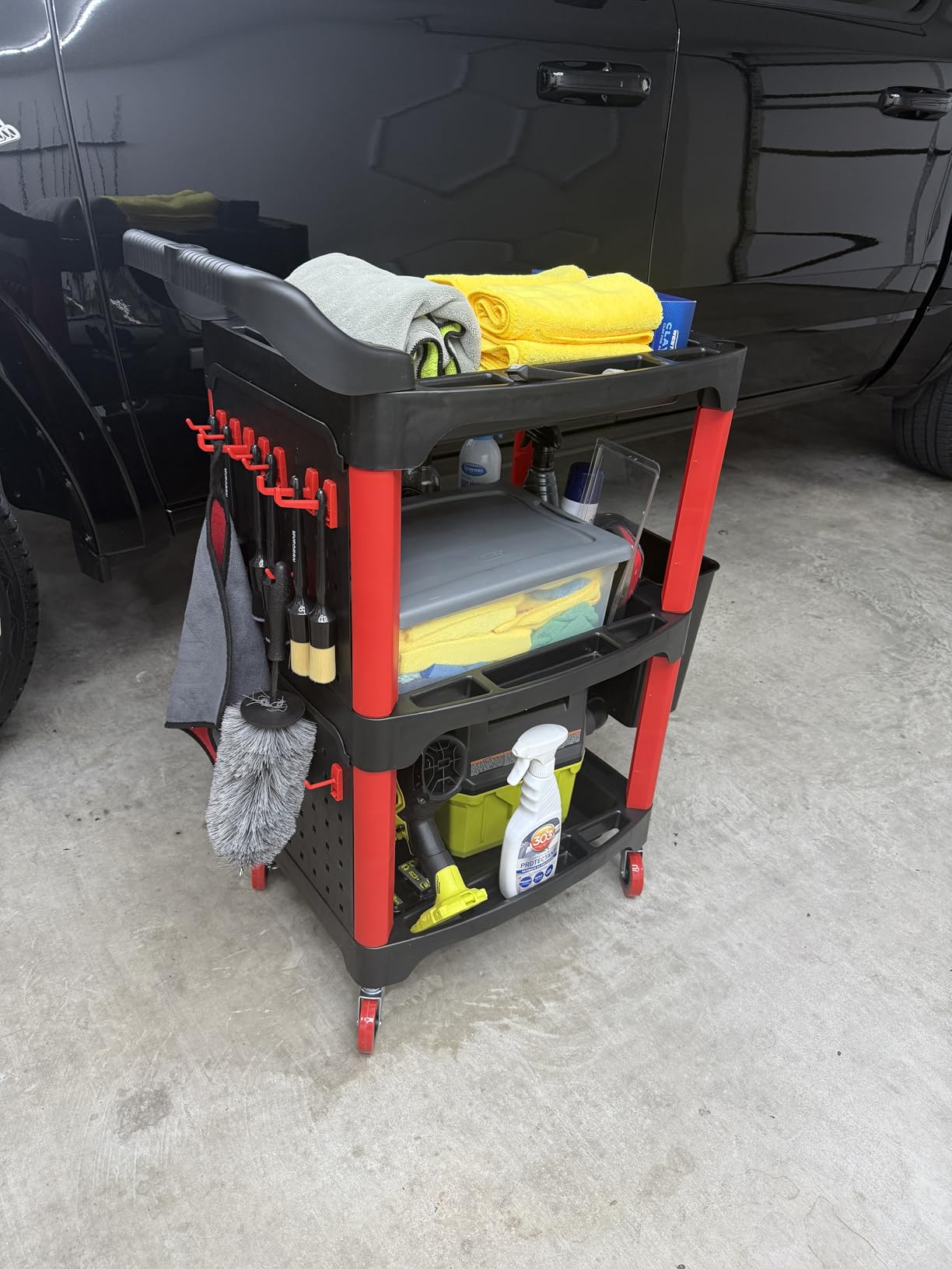 Auto Detailing Cart with Wheels, 3 Tier Rolling Detail Cart with Long Hanging Plate & Hooks & Hanging Bucket & Cat Ear Basket, for Detailers Garage, Workshop, Repair Shop, Storage Tool customer photo 1