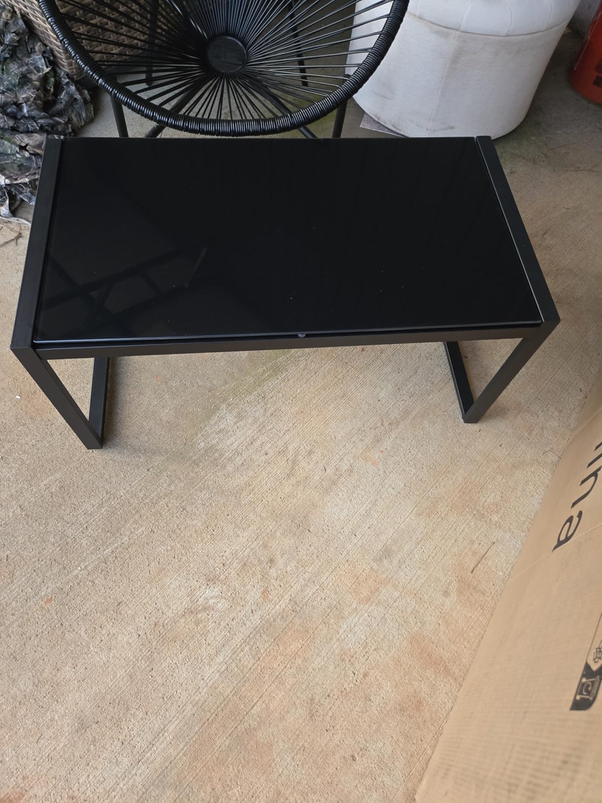ONBRILL Rectangle Coffee Table with Tempered Glass Desktop, Galvanized Frame Outdoor Coffee Table with Adjustable Feet for Patio, Balcony, Deck, Living Room, Sand customer photo 1