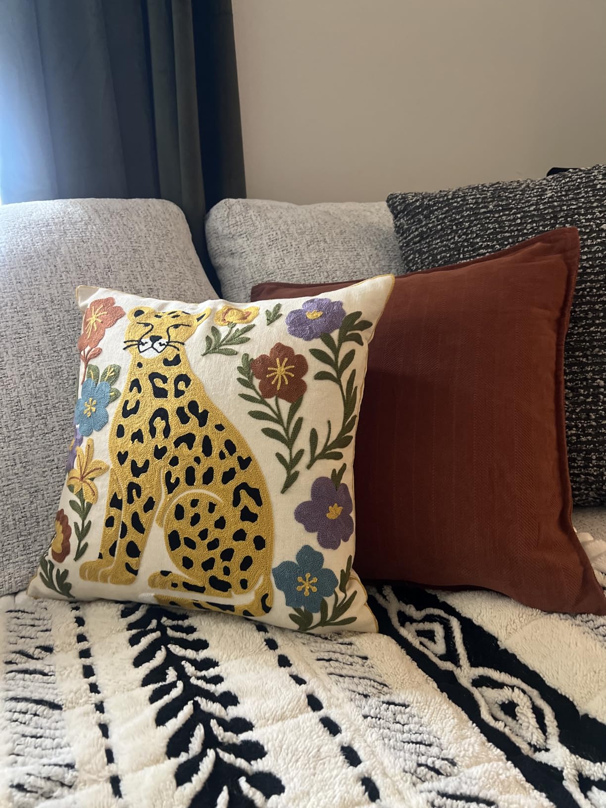 Embroidered Throw Pillow Cover 18x18 Inch - Summer Farmhouse Decorative Pillow Covers with Zipper for Couch Sofa Bedroom Living Room Spring Boho Cushion Pillowcase, Birds Leaves customer photo 1