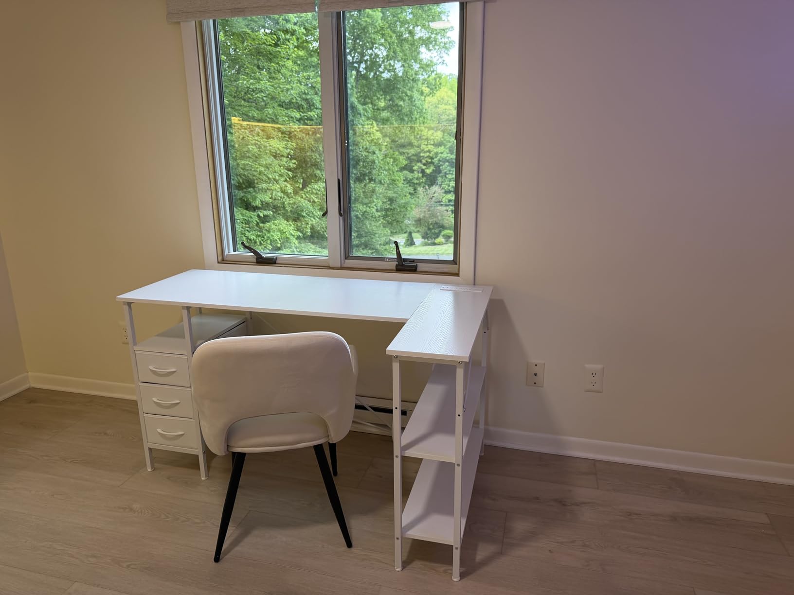 DUMOS L Shaped Desk with Shelf Drawers 47 Inch, White Corner Computer Desks Gaming with Power Outlet, Study Table with Adjustable Shelves, Home Office Tables for Bedroom Teacher Reading Writing customer photo 1