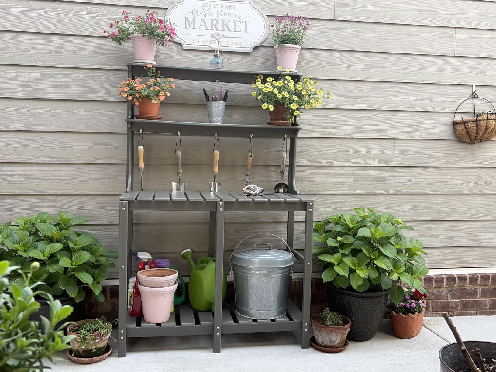 Outdoor Potting Bench with 3 Tier, All-Weather Patio Potting Table with Tool Hooks, HDPE Gardening Table for Backyard, Garden, Brown customer photo 2
