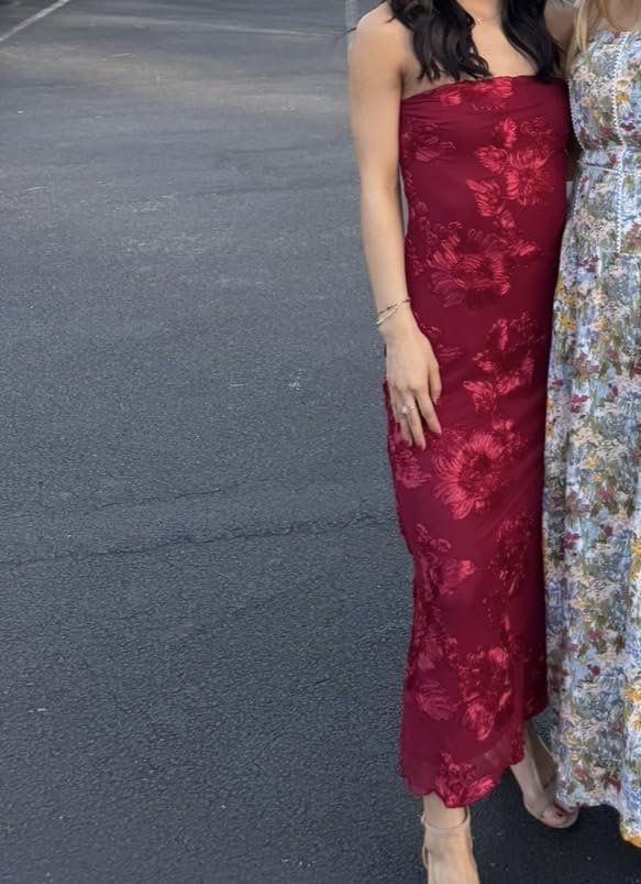 Cocktail Wedding Guest Dresses for Women 2026 Summer Strapless Floral Bodycon Mesh Tube Formal Party Midi Dress customer photo 1