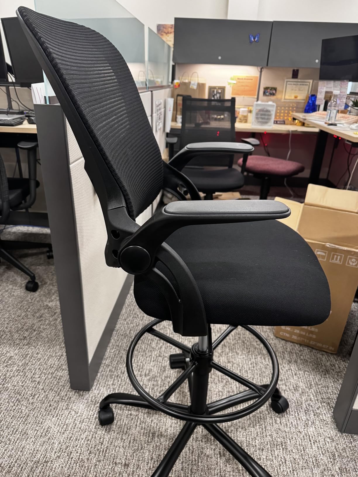 Sweetcrispy Tall Drafting Desk Chair - Ergonomic High Stool Computer with Adjustable Height and Comfy Lumbar Support, Office Rolling Counter with Flip-up Arm and Footrest, Black customer photo 1
