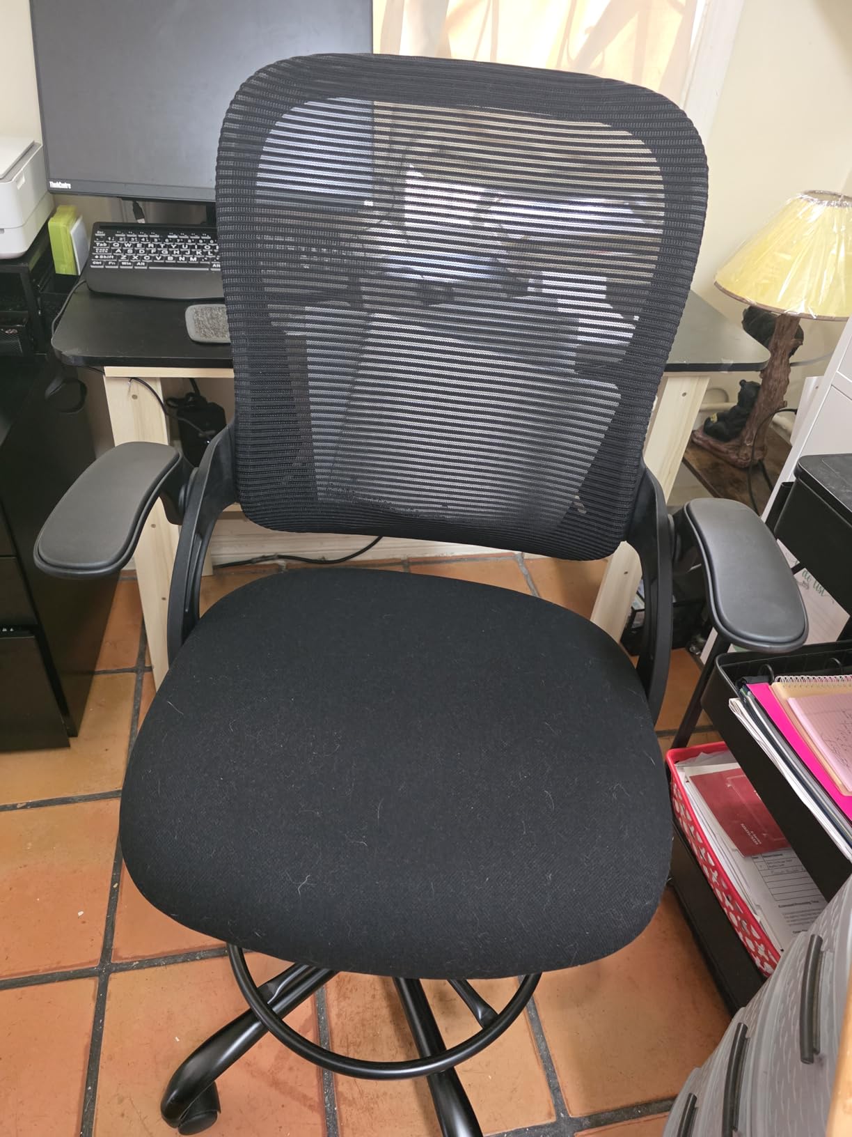 Sweetcrispy Tall Drafting Desk Chair - Ergonomic High Stool Computer with Adjustable Height and Comfy Lumbar Support, Office Rolling Counter with Flip-up Arm and Footrest, Black customer photo 2