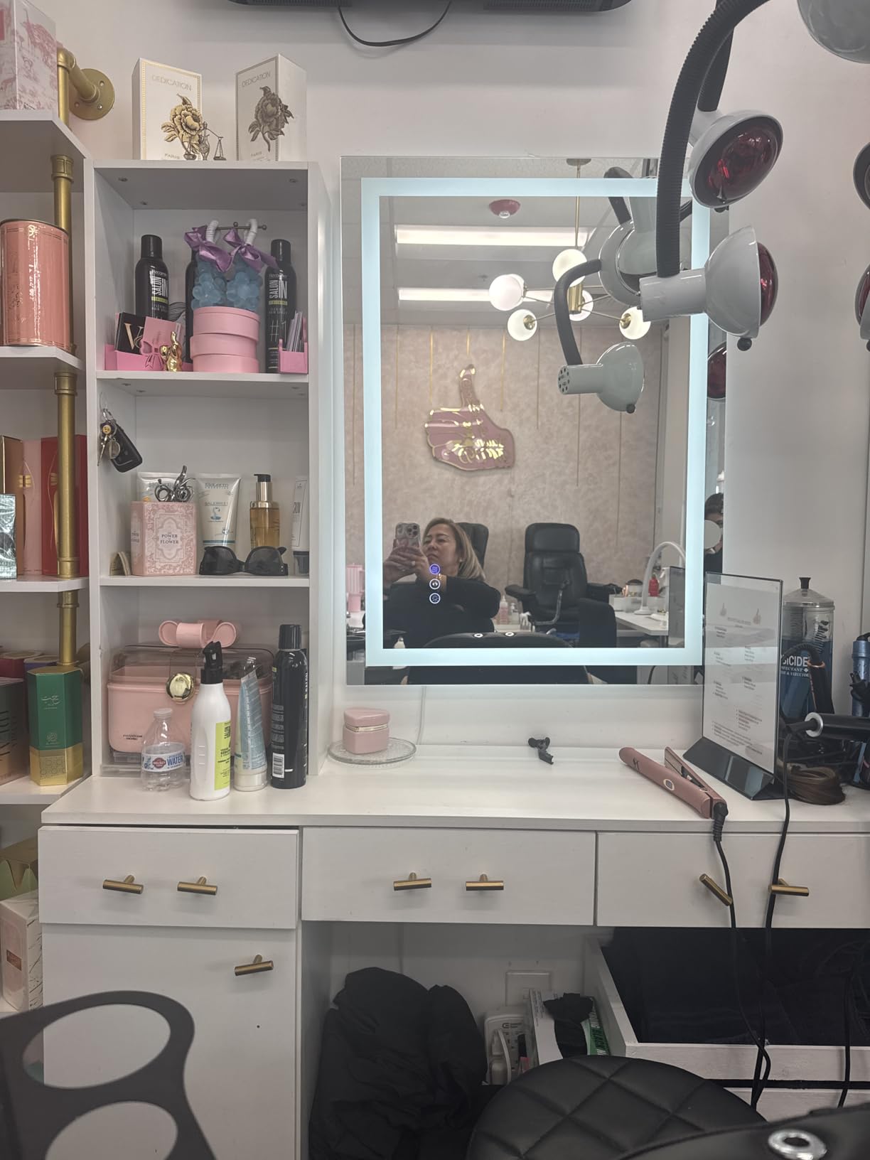 4ever2buy Salon Stations for Hair Stylist, Black Barber Hair Salon Station, 3 Hair Dryer Holder, 3 Drawers and 1 Cabinet, Mirror not Included, Black customer photo 1