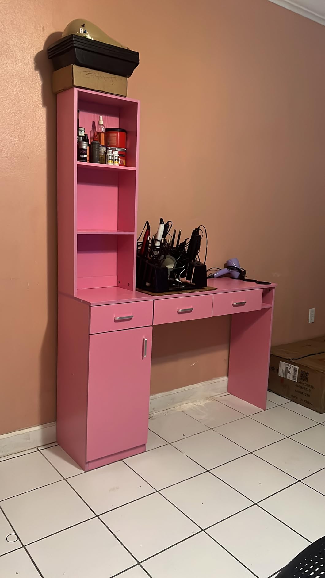 4ever2buy Salon Stations for Hair Stylist, Black Barber Hair Salon Station, 3 Hair Dryer Holder, 3 Drawers and 1 Cabinet, Mirror not Included, Black customer photo 2