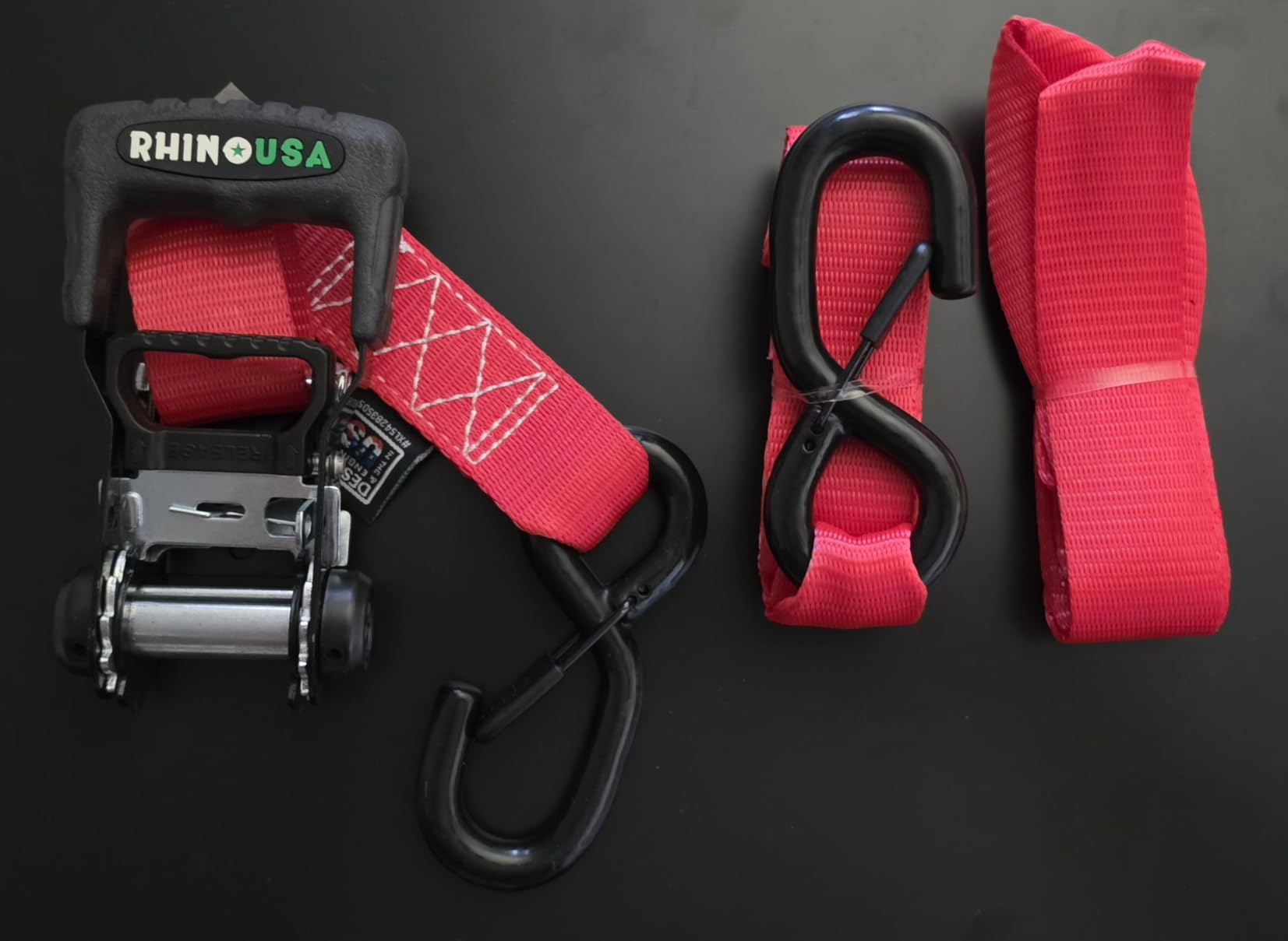 Rhino USA Ratchet Straps Heavy Duty Kit (4-Pack) - 1.6 Inch x 8 Feet Min Break Strength (5,000) - Ultimate Tie Down Straps with Safety S Hooks for Trucks, ATV, UTV, Motorcycle, Cargo & More - Black customer photo 1