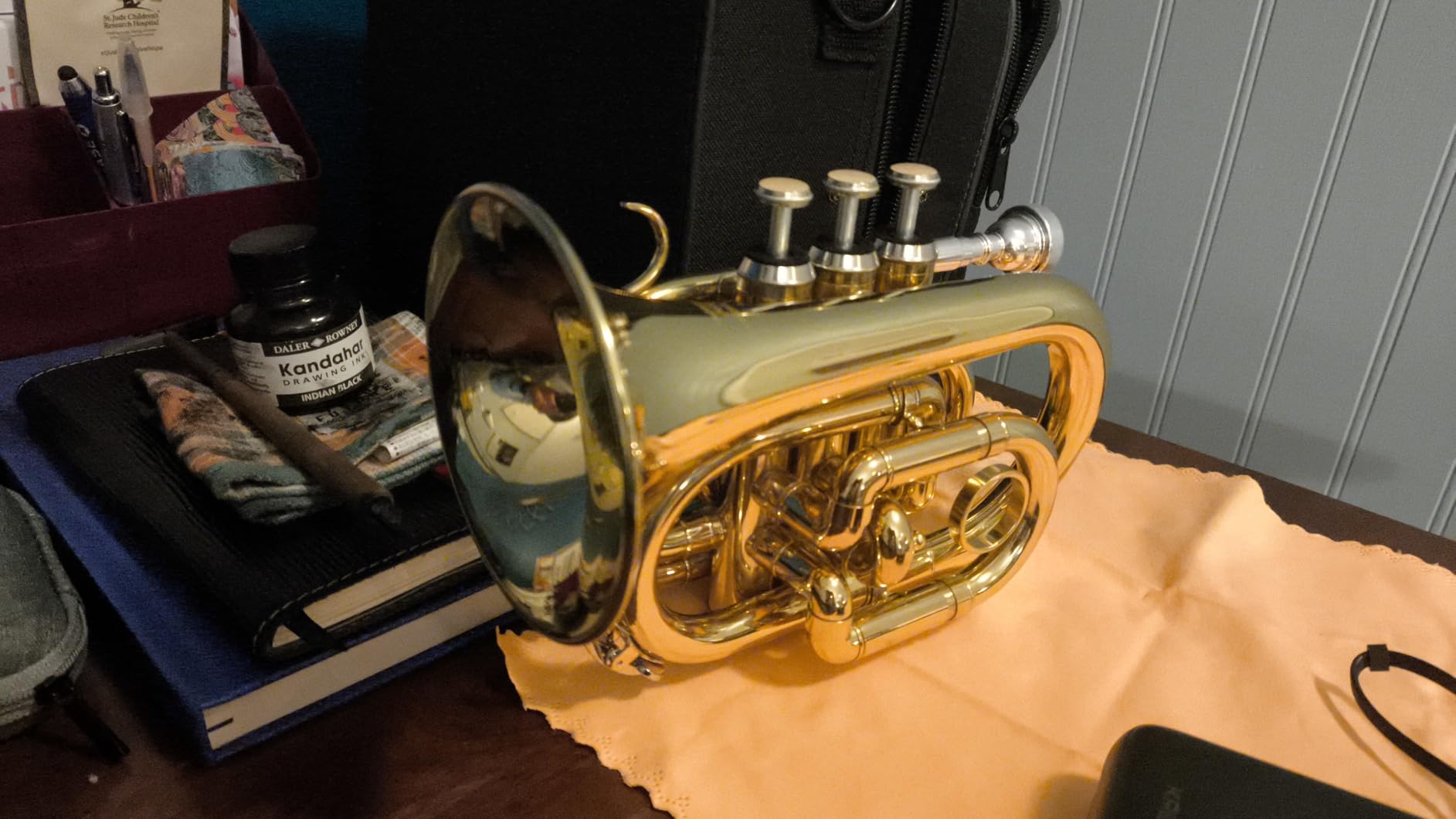 Eastar Pocket Trumpet B Flat Brass Bb Pocket Trumpet with Mouthpiece 7C, Cleaning Cloth, Hard Case, Gloves, Full Kit, Gold Lacquer, ETR-330 customer photo 2