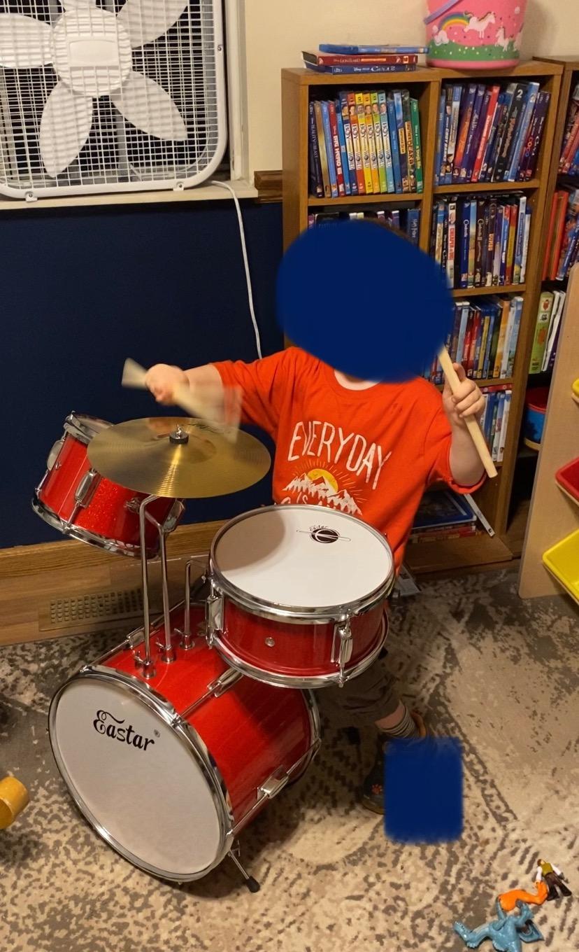 Kids Drum Set Eastar 3-Piece for Beginners, 14 inch Drum Kit with Adjustable Throne, Cymbal, Pedal & Two Pairs of Drumsticks, Junior Drum Set with Bass Tom Snare Drum, Metallic Sky Blue customer photo 2