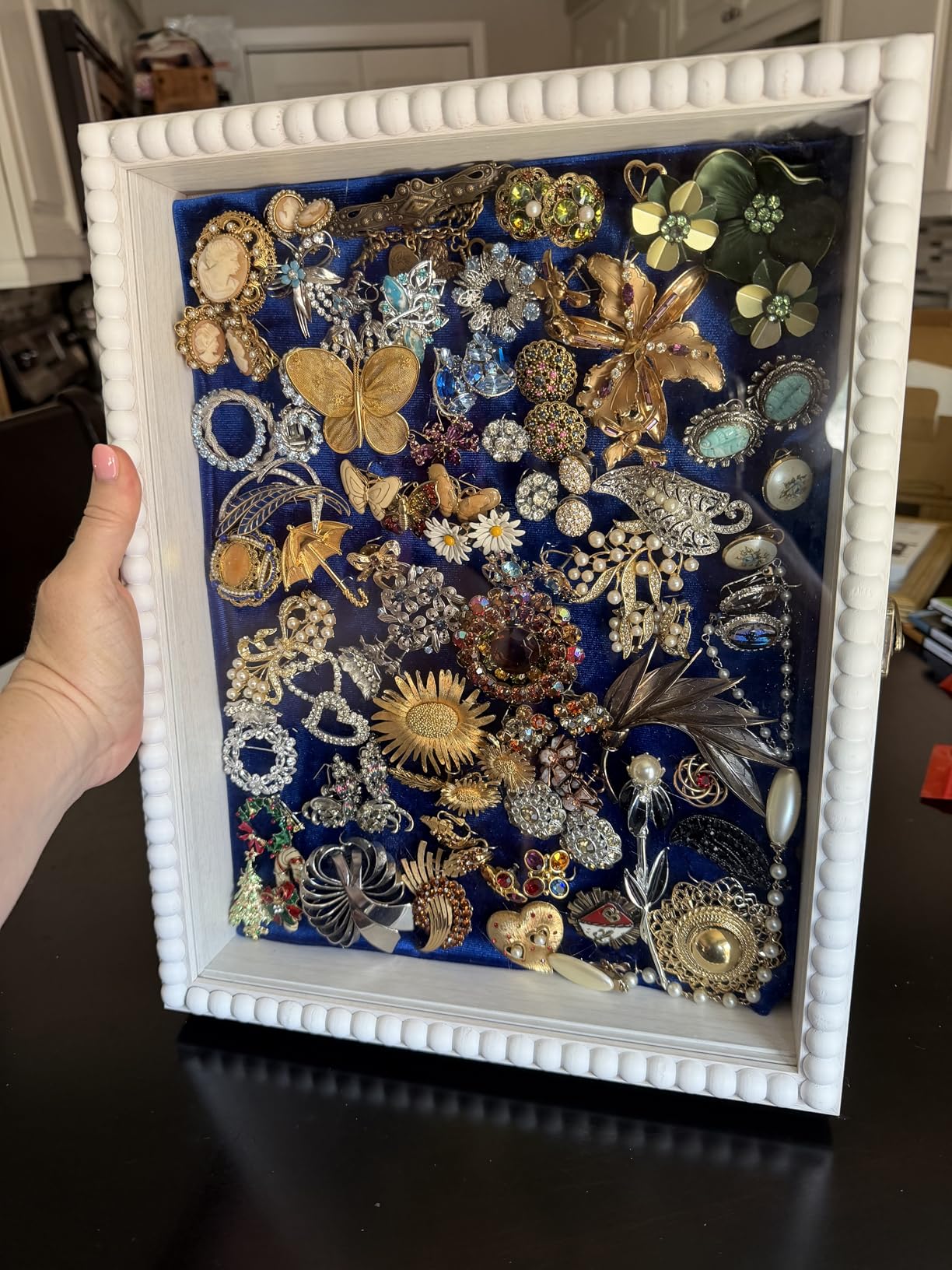 Love-KANKEI Shadow Box Frame 11x14, Deep Large Shadow Box Display Case with Unique Beads Door and Glass Window, Wood Memory Box for Pictures,Medals,Memorabilia,Collections White customer photo 2