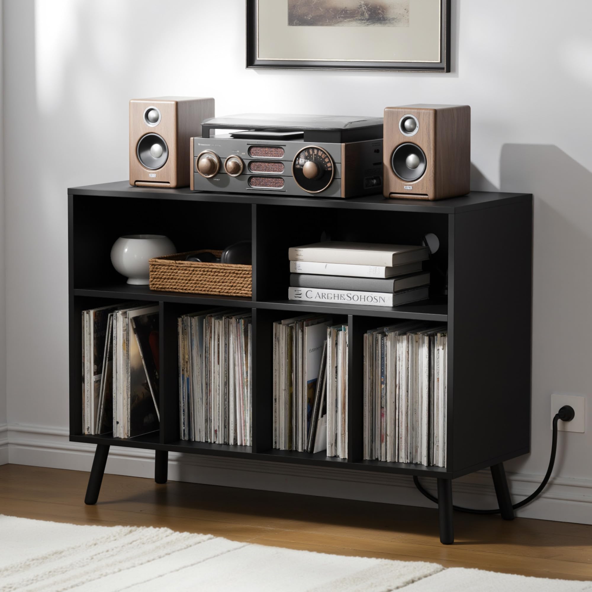Cozy Castle Record Player Stand with Vinyl Storage Cabinet, Wood Turntable Table Open Shelf Holder Up to 350 Albums Cube Storage Organizer for Living Room, Office, Black customer photo 1