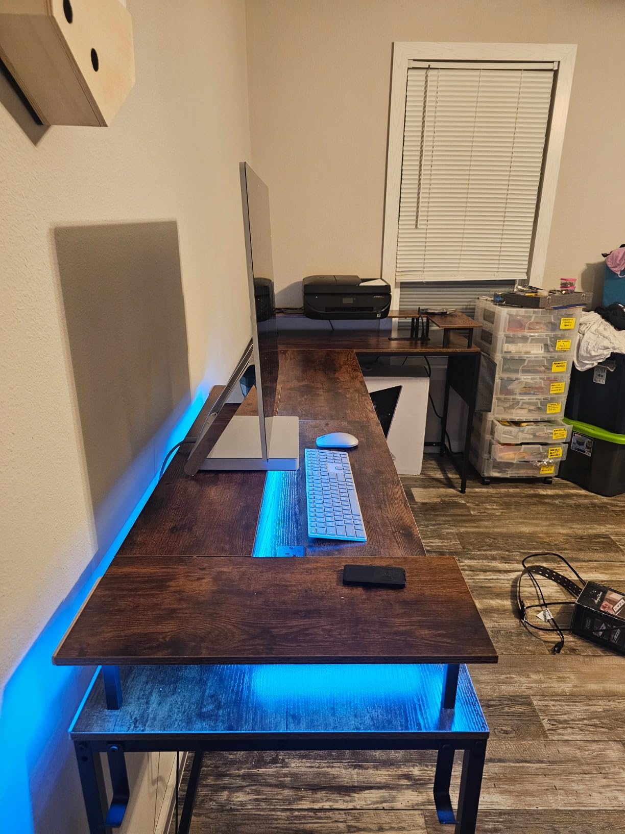Jojoka U Shaped Computer Gaming Desk, Reversible L Shaped Desk with Power Outlets, LED Strip & Monitor Stand, Large Corner Desk with Storage Shelves for Home Office, Grey Oak customer photo 2