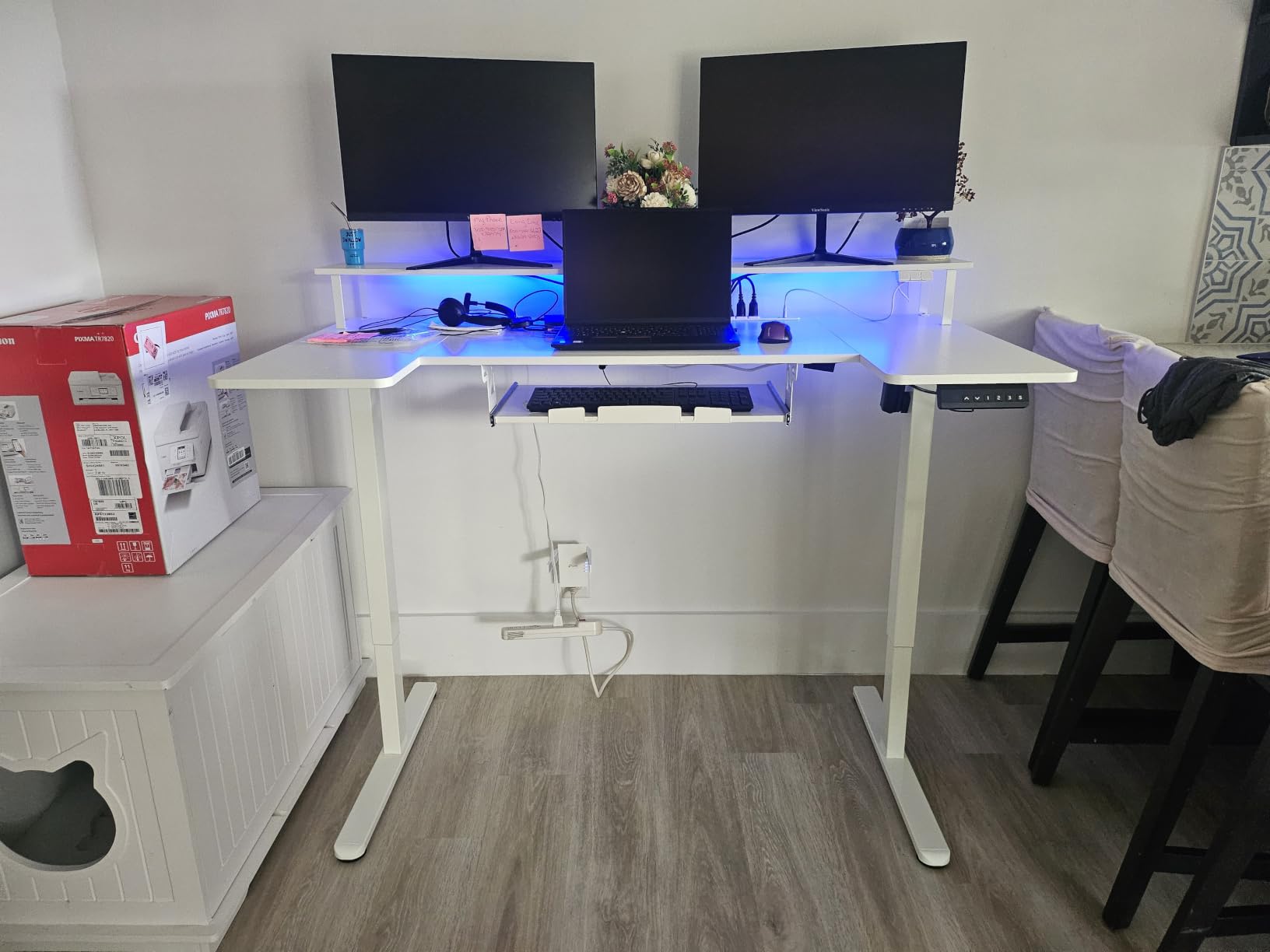 OffiGo U Shaped Electric Standing Desk with Keyboard Tray, 55 Inch Height Adjustable Desk with Power Outlets & LED Lights, Sit Stand Table with Monitor Stand for Home, Office, White customer photo 1
