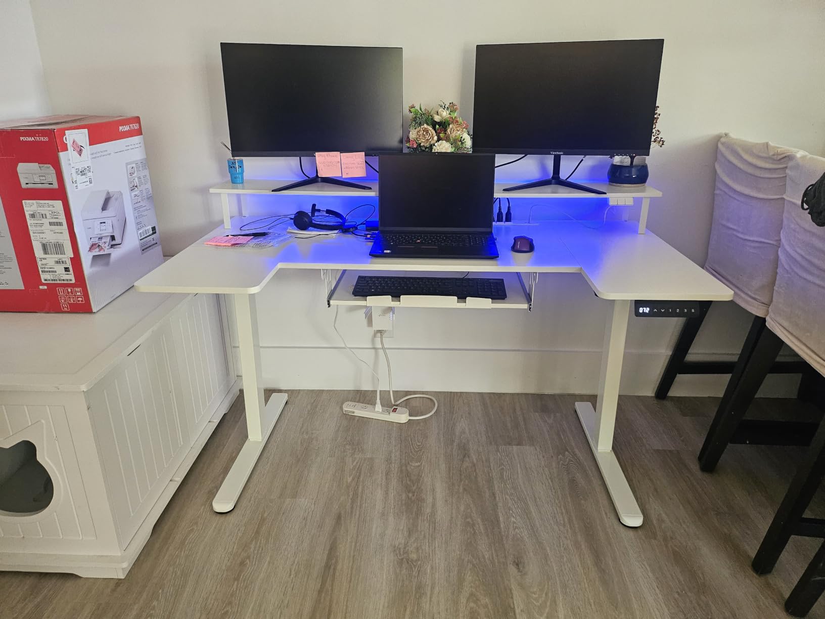 OffiGo U Shaped Electric Standing Desk with Keyboard Tray, 55 Inch Height Adjustable Desk with Power Outlets & LED Lights, Sit Stand Table with Monitor Stand for Home, Office, White customer photo 2