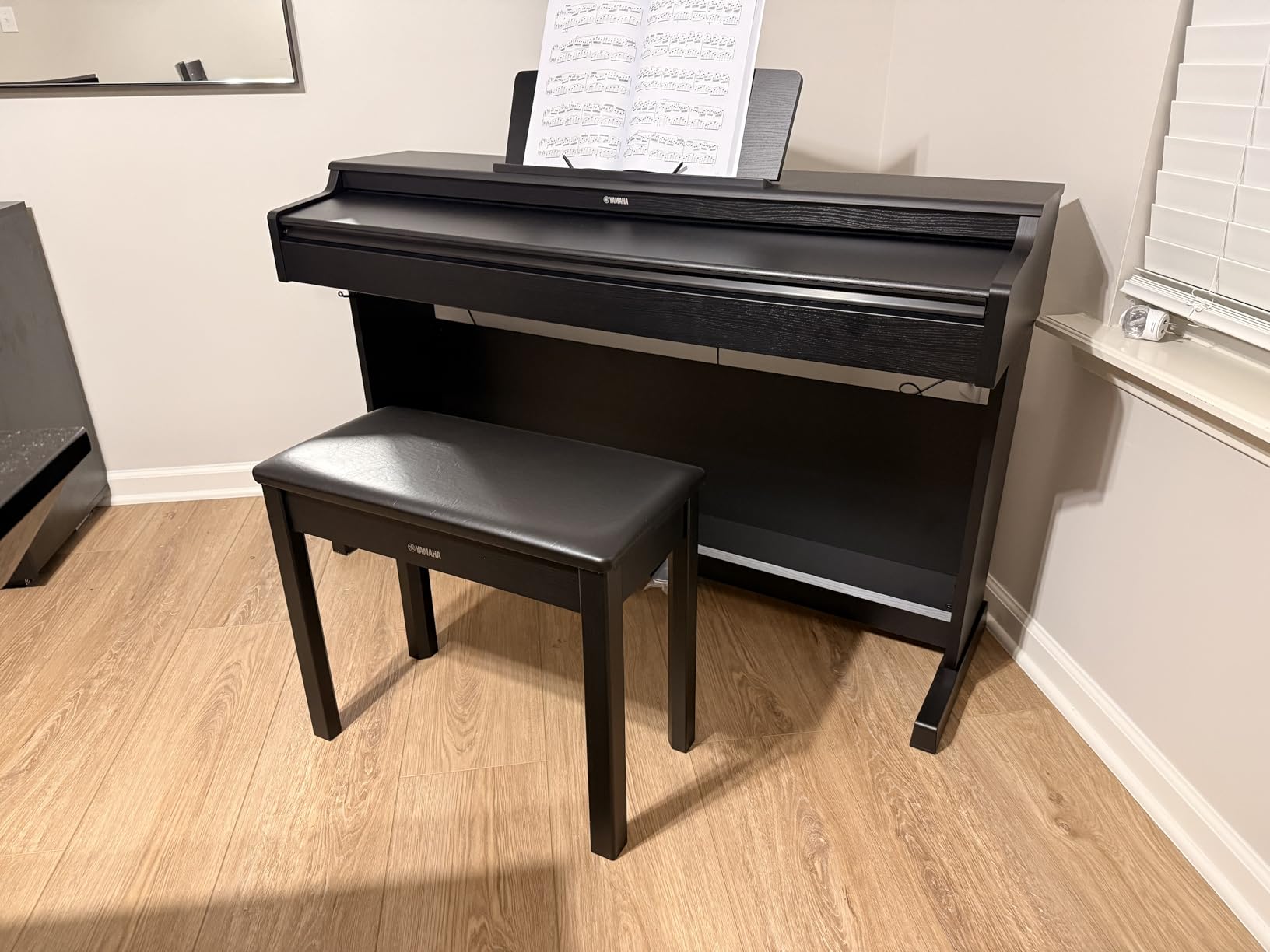 Yamaha YDP105 88-Key Weighted Action Upright Digital Piano for Beginner and Intermediate Players, Dynamic Response, Grand Piano Sound, 3-pedal Unit, Upright Design, Bench Included, White customer photo 1