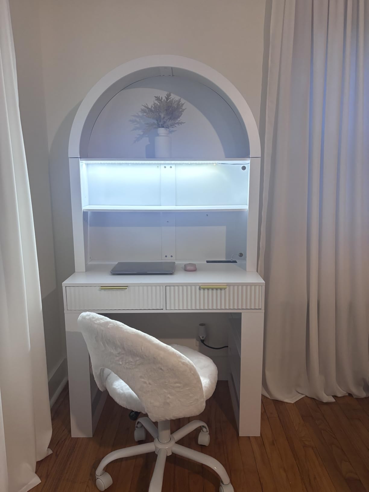 Arched Writing Desk with Hutch, Home Office Desk with 2 Drawers, Secretary Desk with Outlets, 3 Color LED Lights, Open Shelves, Computer Desk for Small Space, Bedroom 35.4